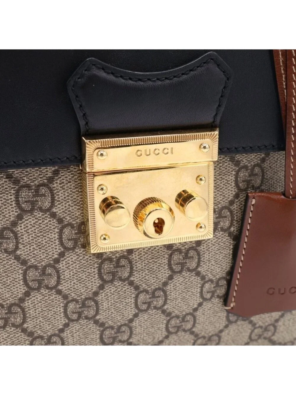 Gucci GG Supreme Backpack Brown Beige Black Leather Gold